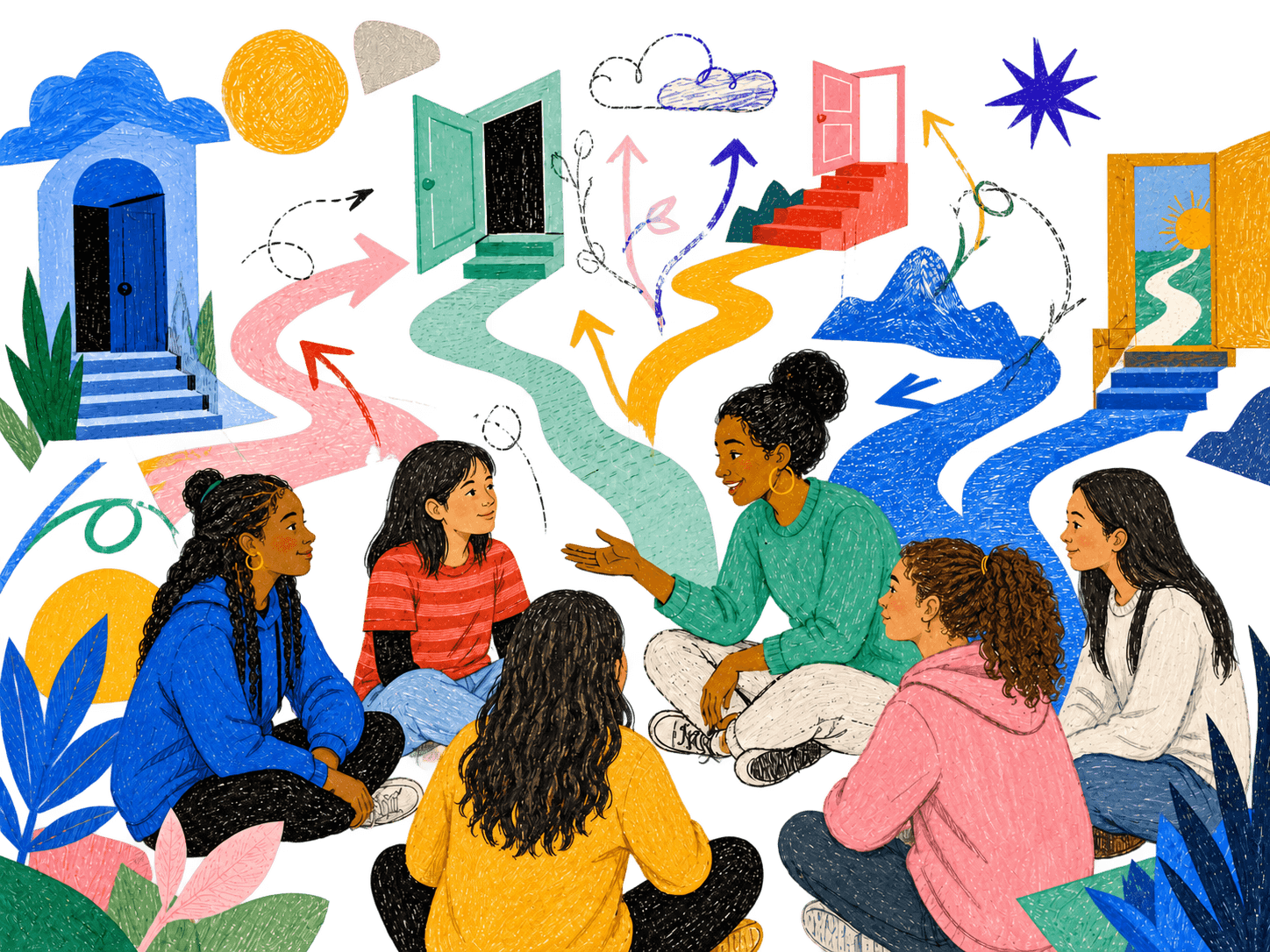 Hand-drawn illustration of students and a mentor exploring possible paths forward
