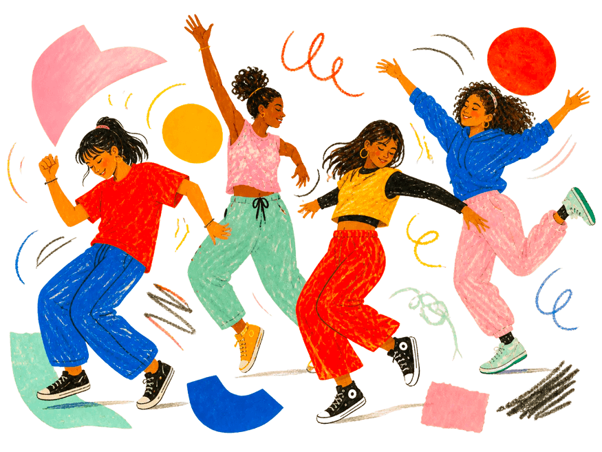 Hand-drawn illustration of students moving and dancing together